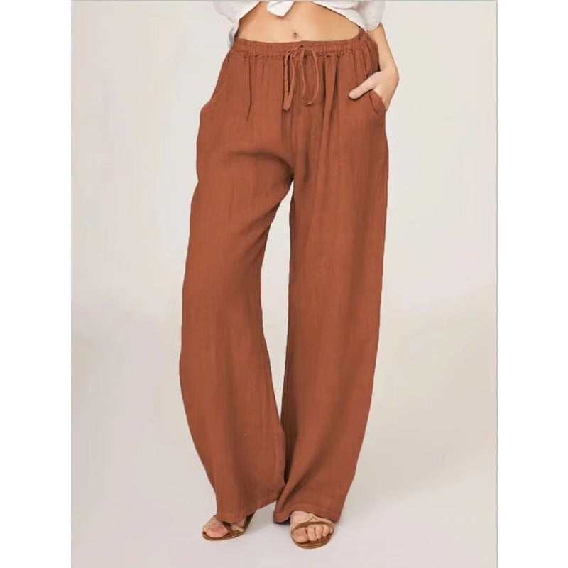 Cotton Linen Wide Leg Trousers with Elastic Waist and Pockets for Women