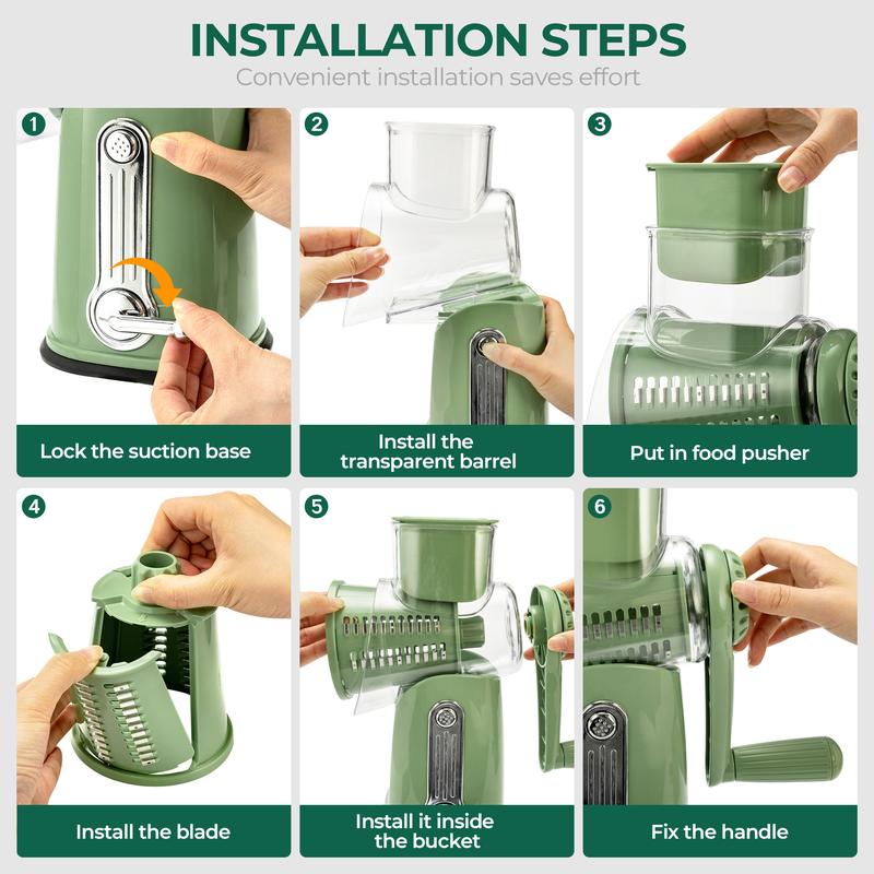 Rotary Grater with Five Interchangeable Blades and Suction Cup Base