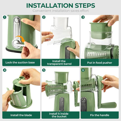 Rotary Grater with Five Interchangeable Blades and Suction Cup Base
