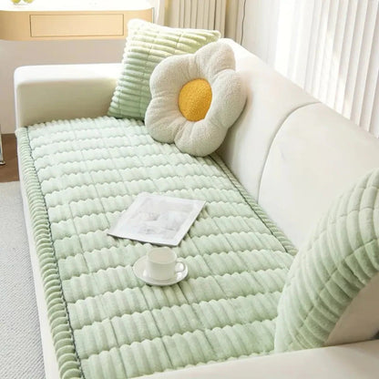 Plush Sofa Cover with Pleated Edges for Furniture Protection Support