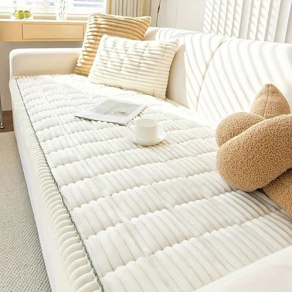 Plush Sofa Cover with Pleated Edges for Furniture Protection Support