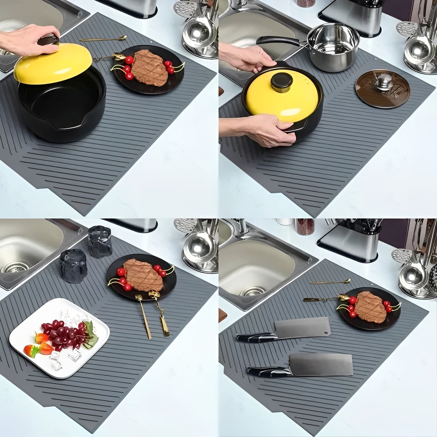 Non Slip Silicone Drying Mat with Drip Tray Design for Dishes