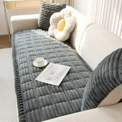 Plush Sofa Cover with Pleated Edges for Furniture Protection Support