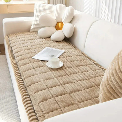 Plush Sofa Cover with Pleated Edges for Furniture Protection Support