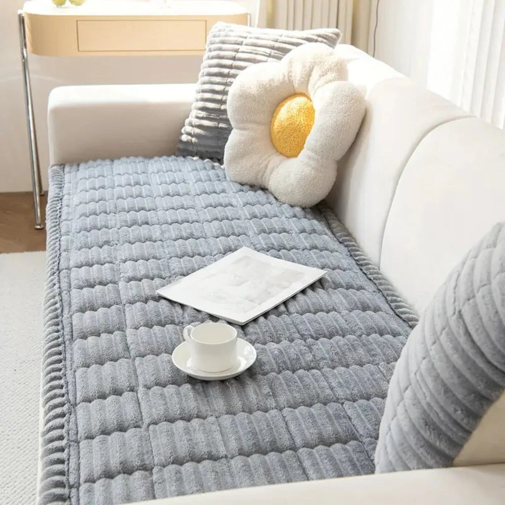 Plush Sofa Cover with Pleated Edges for Furniture Protection Support