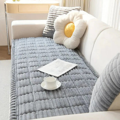 Plush Sofa Cover with Pleated Edges for Furniture Protection Support