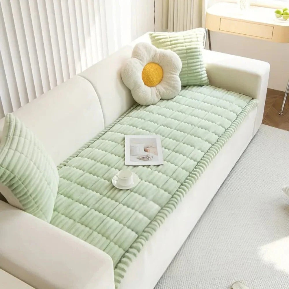 Plush Sofa Cover with Pleated Edges for Furniture Protection Support