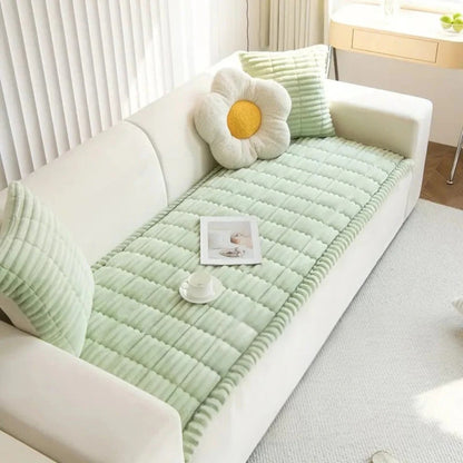 Plush Sofa Cover with Pleated Edges for Furniture Protection Support