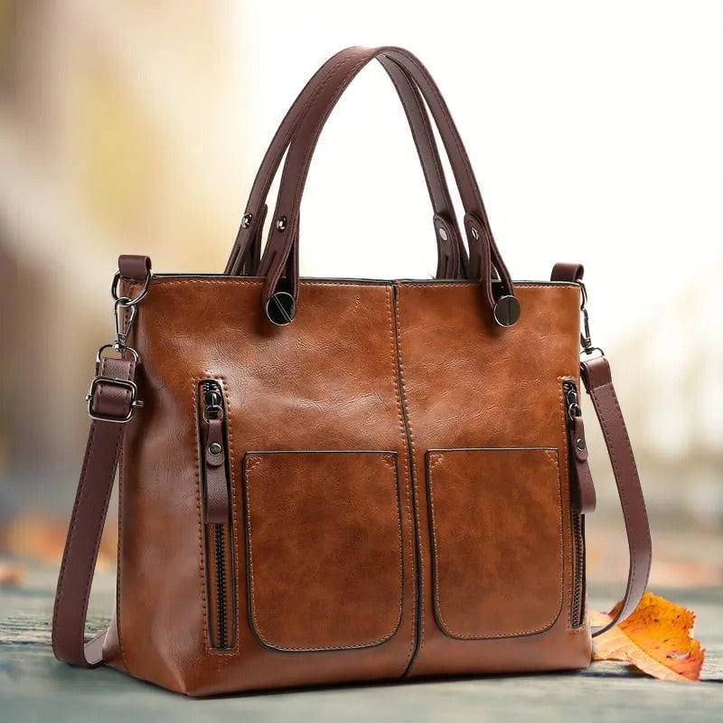 Zippered Leather Handbag with Roomy Interior and Multiple Compartments in 3 Colors