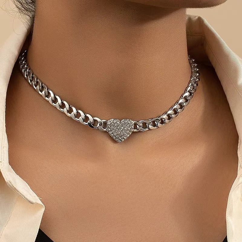 Crystal Heart Pendant Choker with Rhinestone Detail for Women