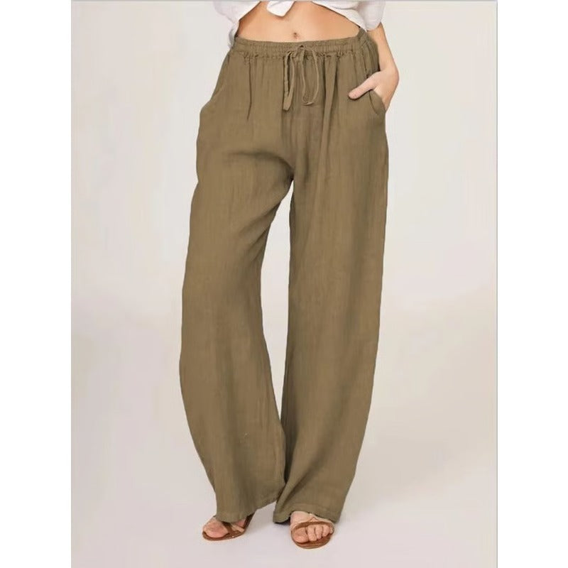 Cotton Linen Wide Leg Trousers with Elastic Waist and Pockets for Women