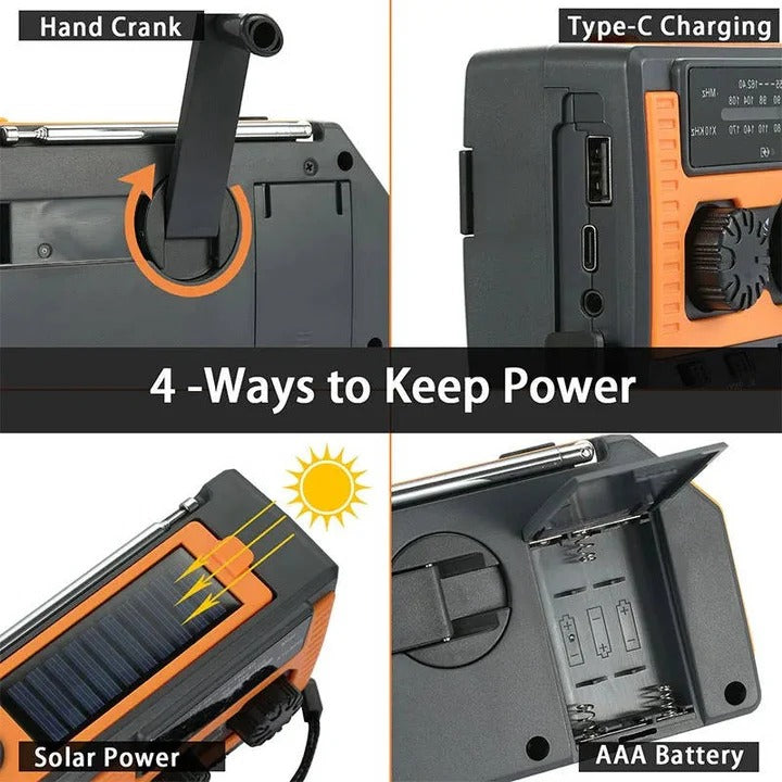 Multi-Function Hand Crank Solar Powered Emergency Weather Radio with LED Flashlight and USB Charging Port
