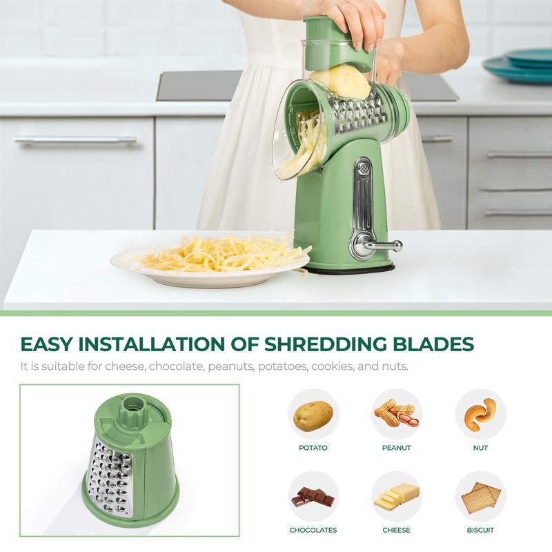 Rotary Grater with Five Interchangeable Blades and Suction Cup Base