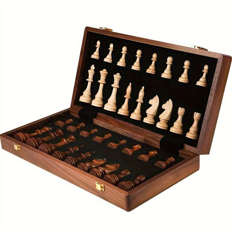 Chess Set with 34 Wooden Pieces and Fixed Board, 15.7 Inch Brown