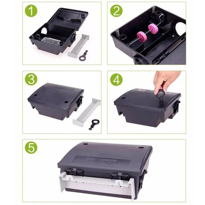 Reusable Rodent Bait Station Trap with Locking Lid and Removable Tray Design