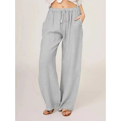 Cotton Linen Wide Leg Trousers with Elastic Waist and Pockets for Women