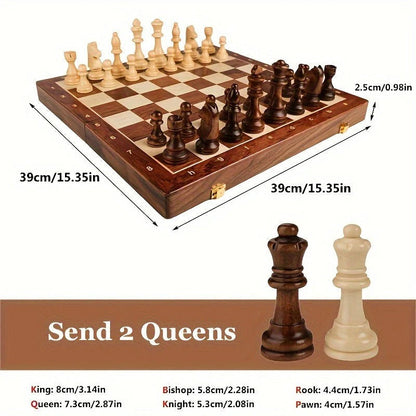 Chess Set with 34 Wooden Pieces and Fixed Board, 15.7 Inch Brown