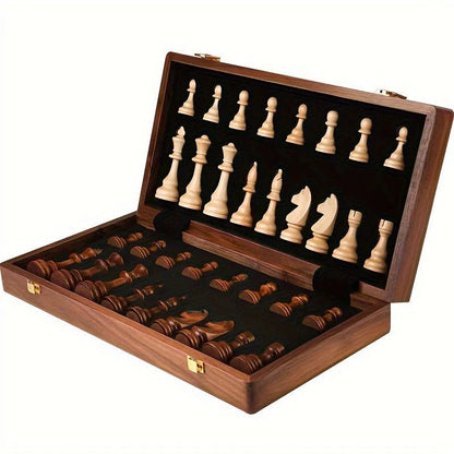 Chess Set with 34 Wooden Pieces and Fixed Board, 15.7 Inch Brown