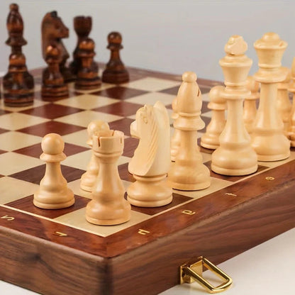 Chess Set with 34 Wooden Pieces and Fixed Board, 15.7 Inch Brown