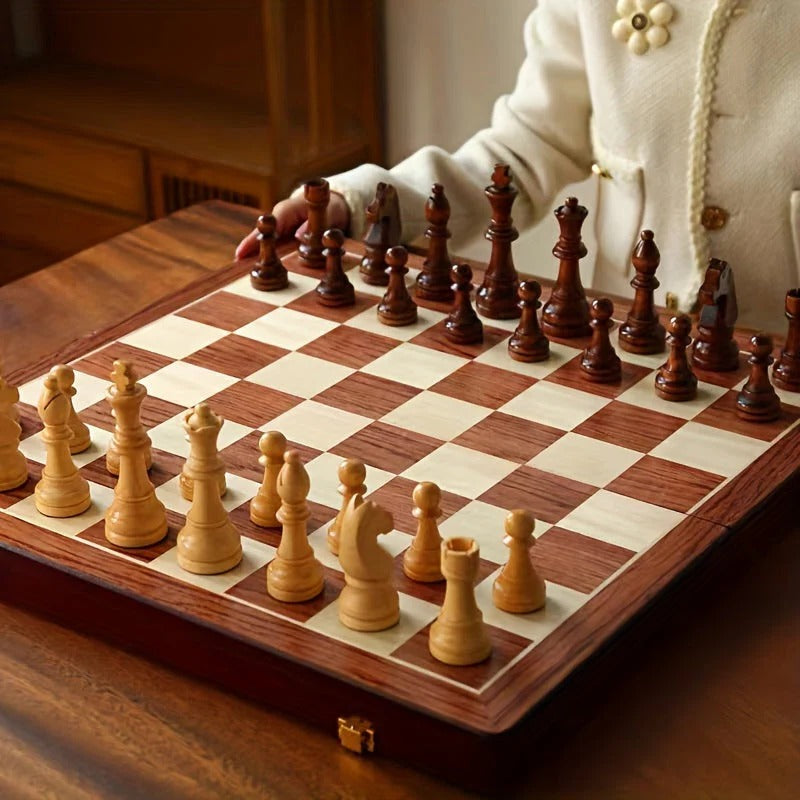 Chess Set with 34 Wooden Pieces and Fixed Board, 15.7 Inch Brown