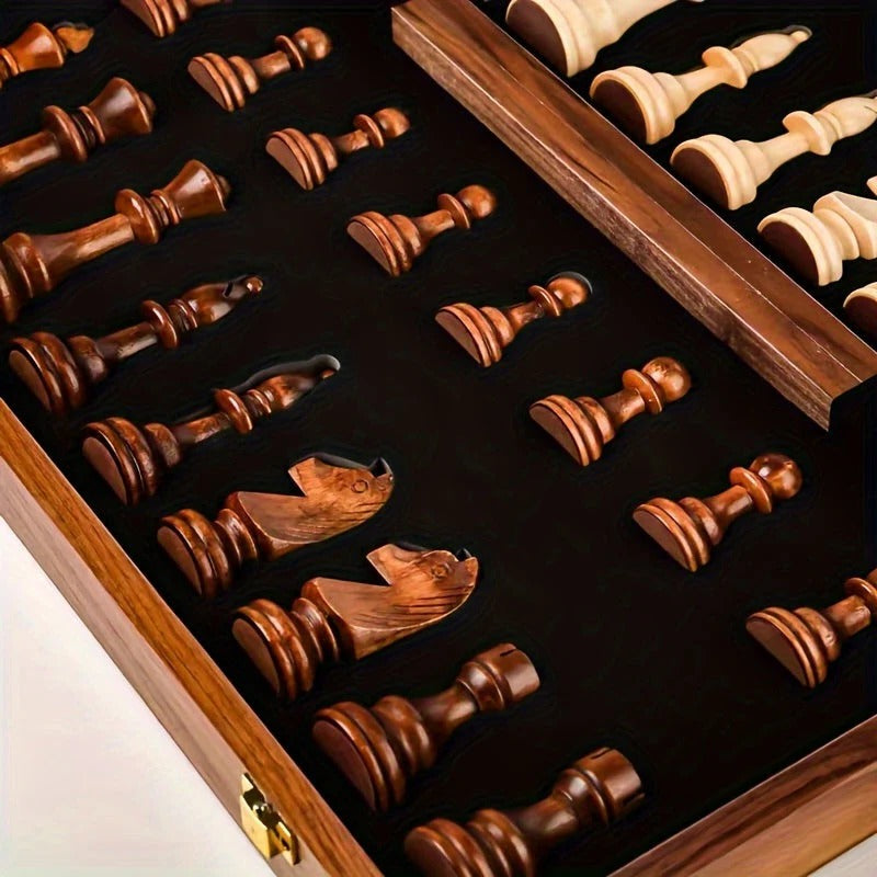 Chess Set with 34 Wooden Pieces and Fixed Board, 15.7 Inch Brown