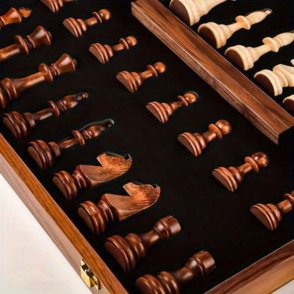 Chess Set with 34 Wooden Pieces and Fixed Board, 15.7 Inch Brown