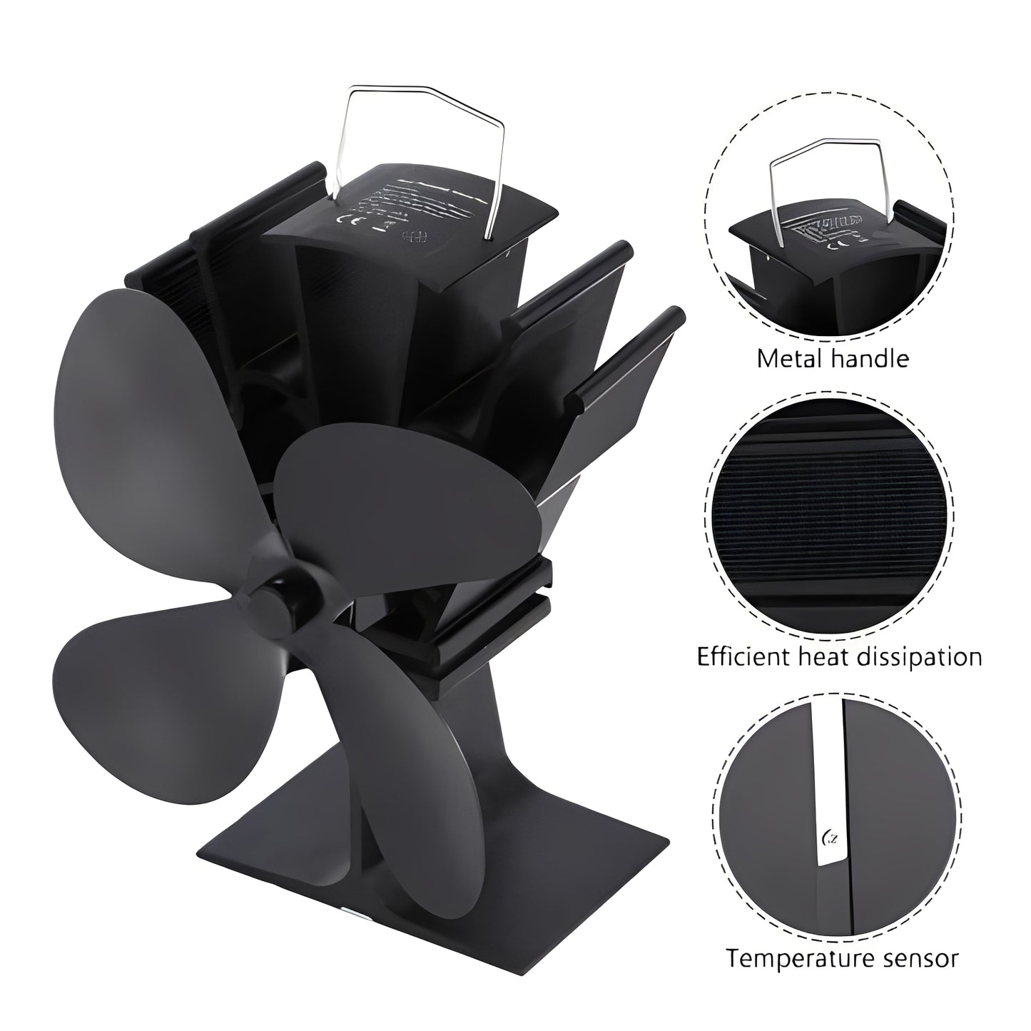 Fireplace Fan with Heat Powered Operation for Heat Distribution Support