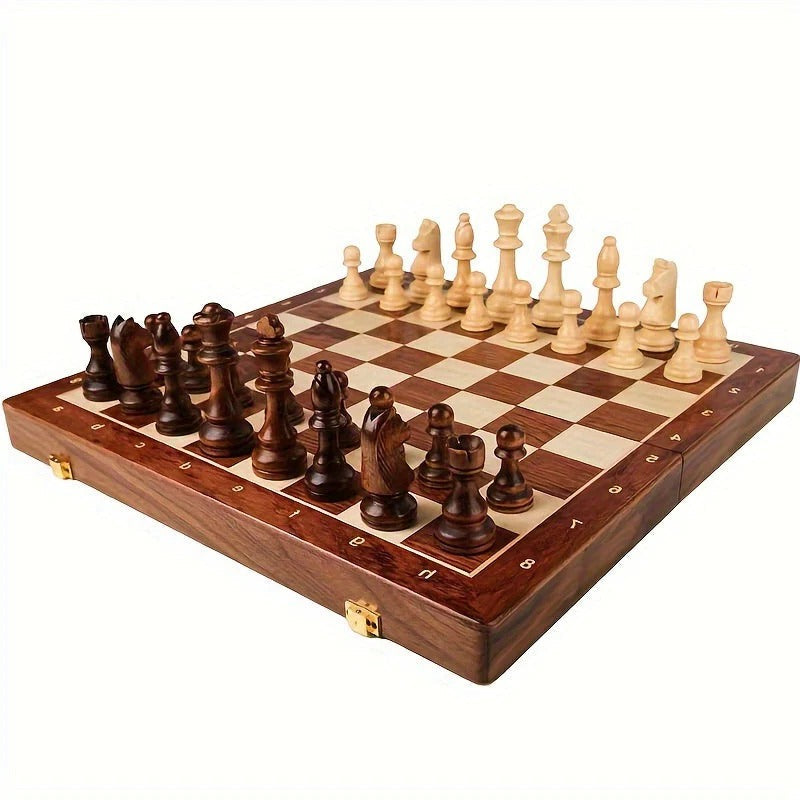 Chess Set with 34 Wooden Pieces and Fixed Board, 15.7 Inch Brown