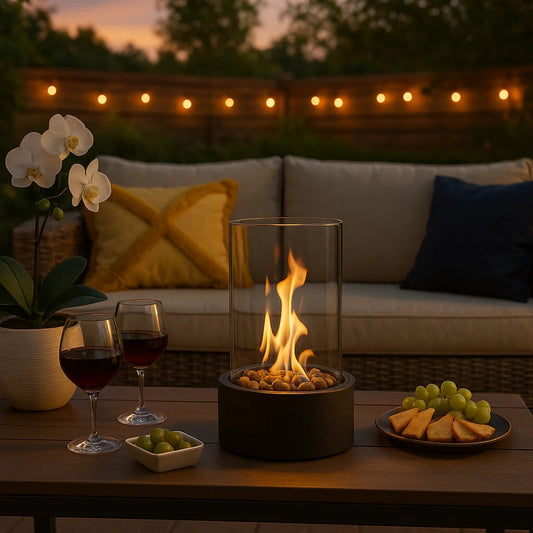 Portable Tabletop Fireplace with Glass and Metal Design for Indoor Use