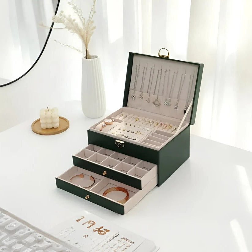 Tiered Jewelry Organizer Box with Multi-Compartment Display Storage