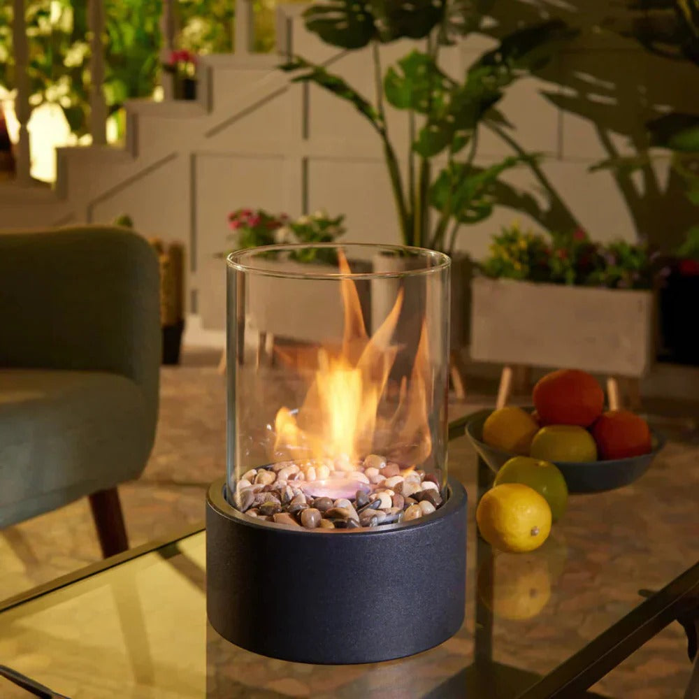 Portable Tabletop Fireplace with Glass and Metal Design for Indoor Use