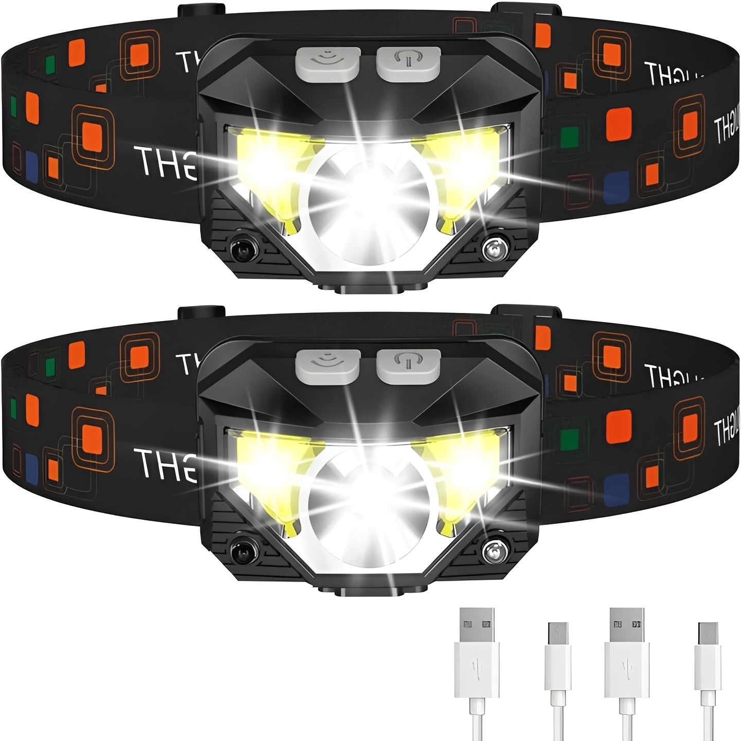 Rechargeable LED Headlamp Flashlight with Motion Sensor, Set of 2