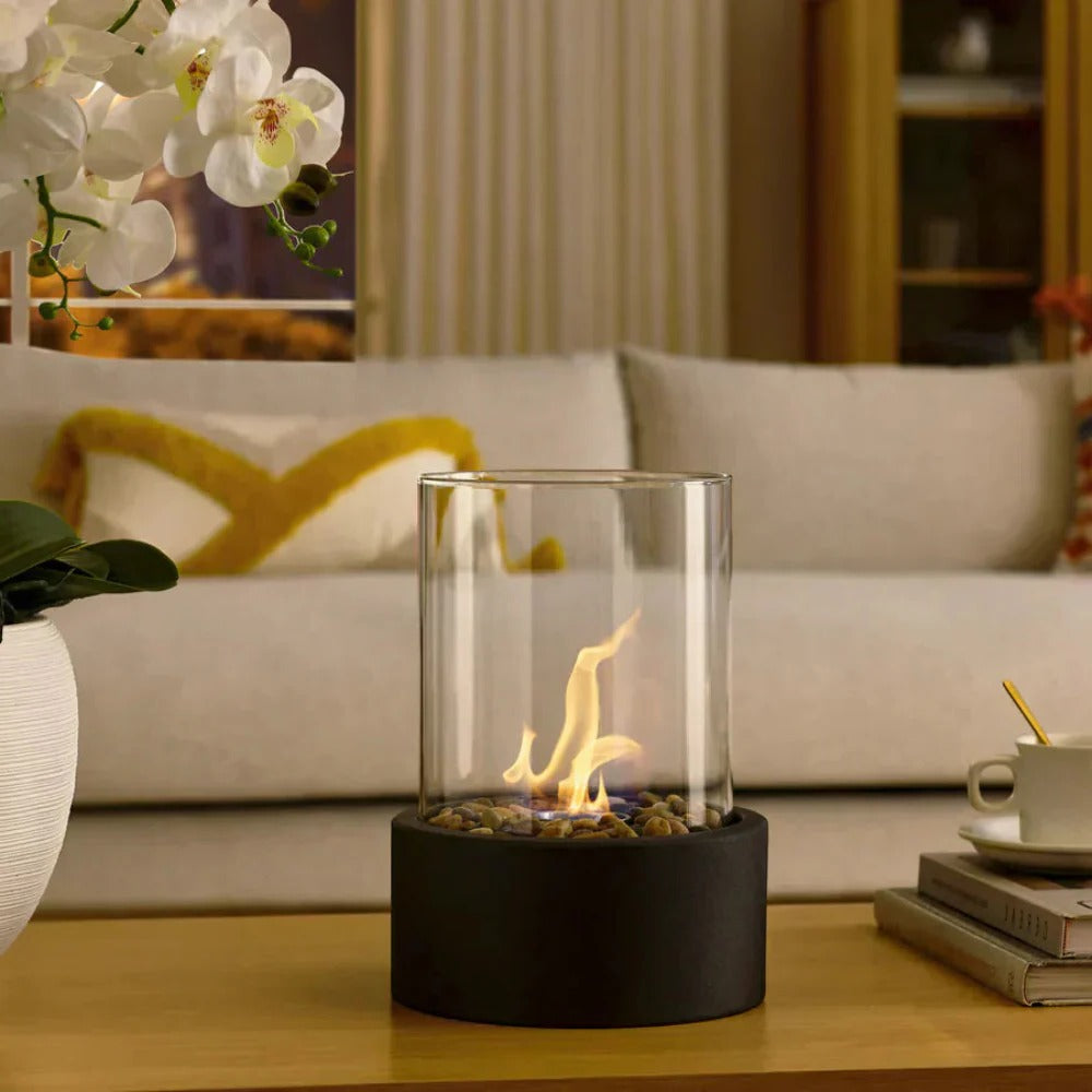 Portable Tabletop Fireplace with Glass and Metal Design for Indoor Use