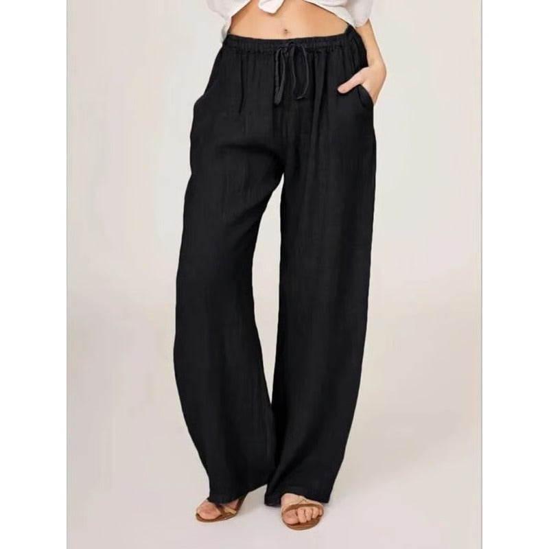 Cotton Linen Wide Leg Trousers with Elastic Waist and Pockets for Women