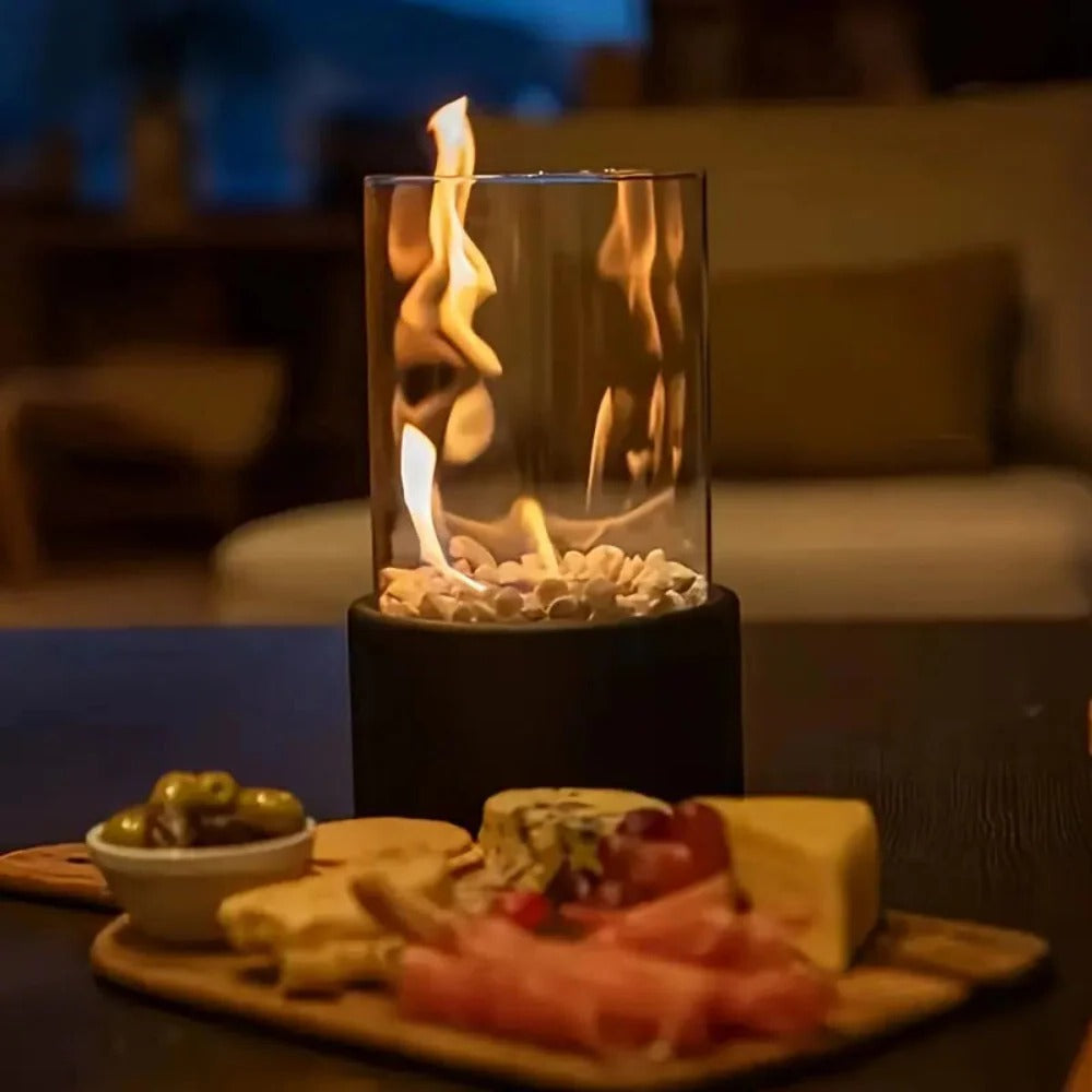 Portable Tabletop Fireplace with Glass and Metal Design for Indoor Use