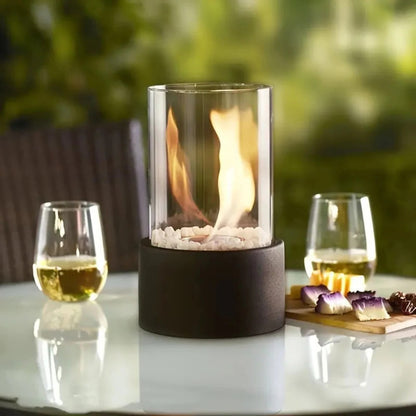 Portable Tabletop Fireplace with Glass and Metal Design for Indoor Use