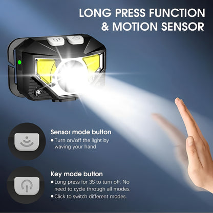 Rechargeable LED Headlamp Flashlight with Motion Sensor, Set of 2