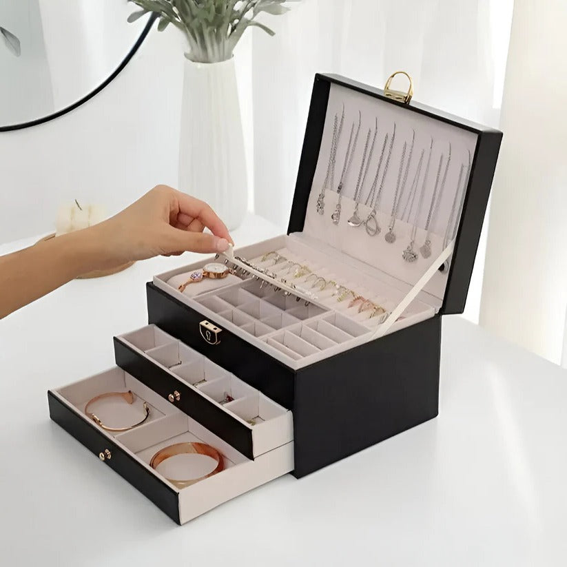 Tiered Jewelry Organizer Box with Multi-Compartment Display Storage