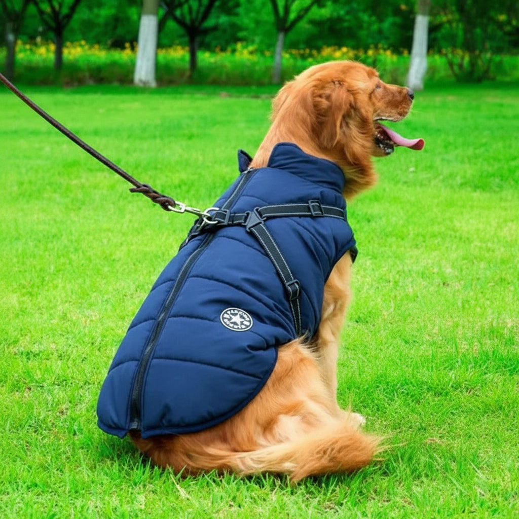 Waterproof Winter Dog Jacket with Sherpa Fleece Lining and Harness