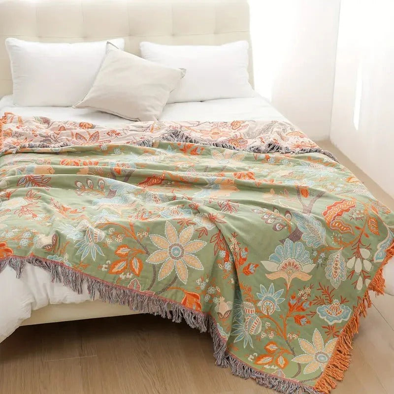 Cotton Floral Throw Blanket with Boho Fringe Design