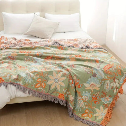 Cotton Floral Throw Blanket with Boho Fringe Design