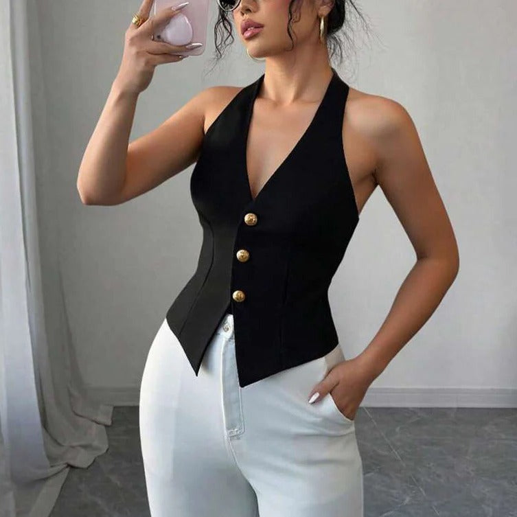 Womens Sleeveless Blazer Vest with Tailored Fit and Button Closure