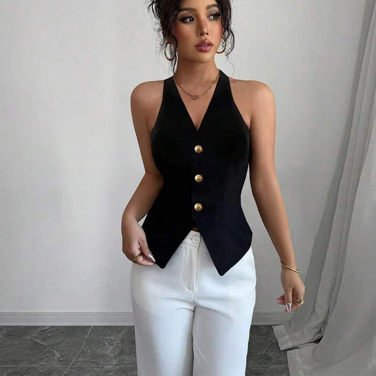 Womens Sleeveless Blazer Vest with Tailored Fit and Button Closure