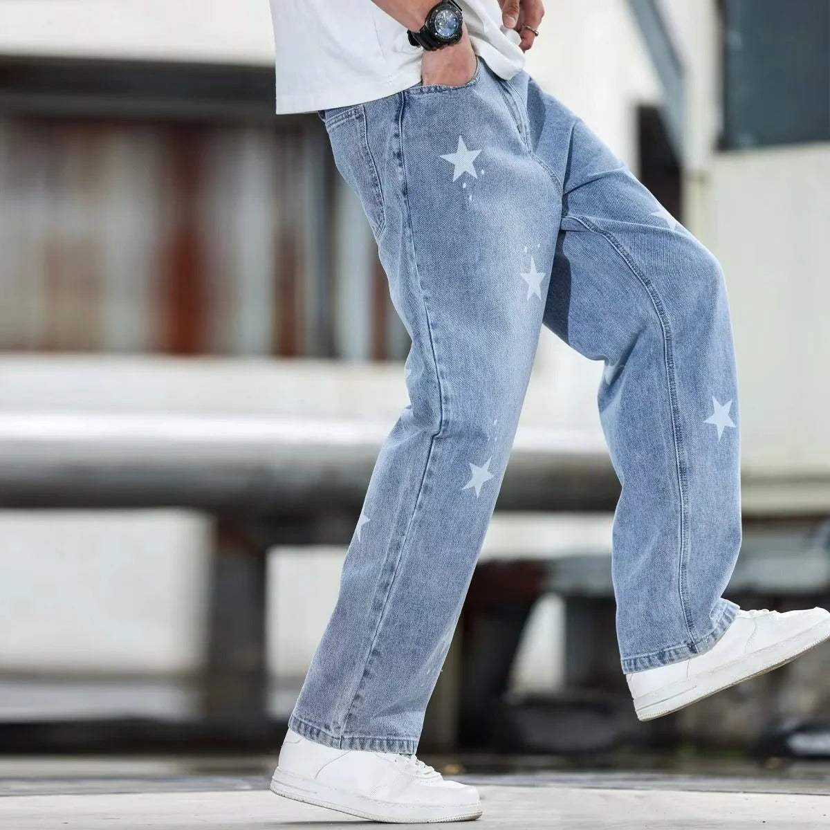 Relaxed Fit Straight Cut Jeans with Wide Leg Design for Men