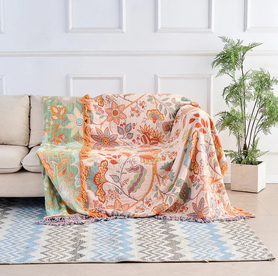 Cotton Floral Throw Blanket with Boho Fringe Design
