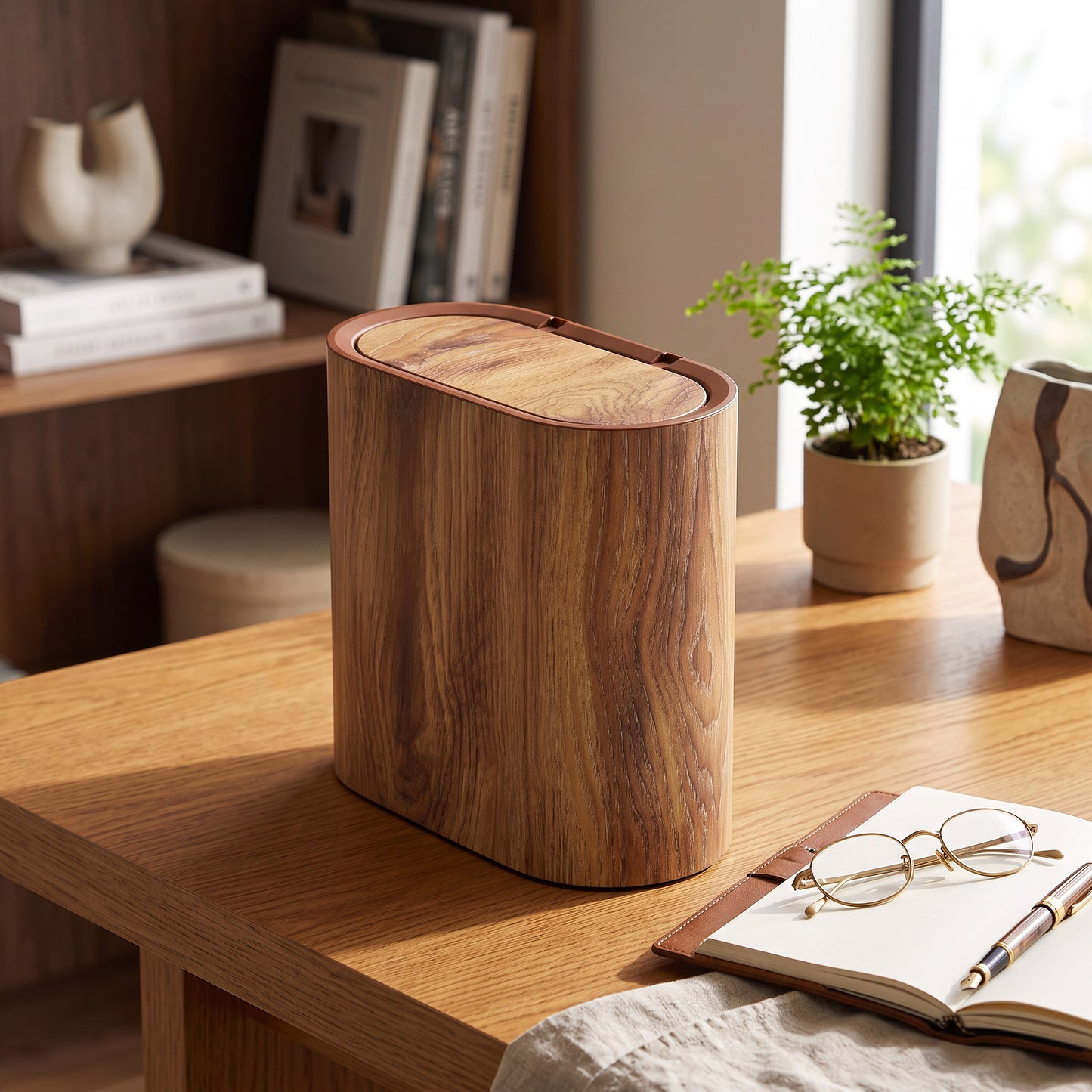 Marble Finish Trash Can with Push Top Lid and Elliptical Shape