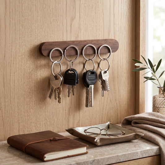 Wooden Oval Key Holder with Magnetic Backing and Adhesive Wall Mount