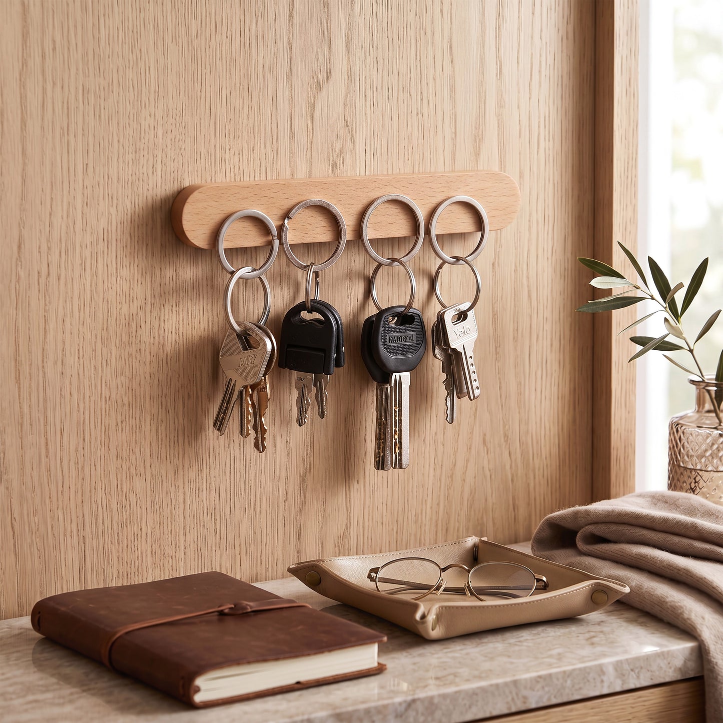 Wooden Oval Key Holder with Magnetic Backing and Adhesive Wall Mount