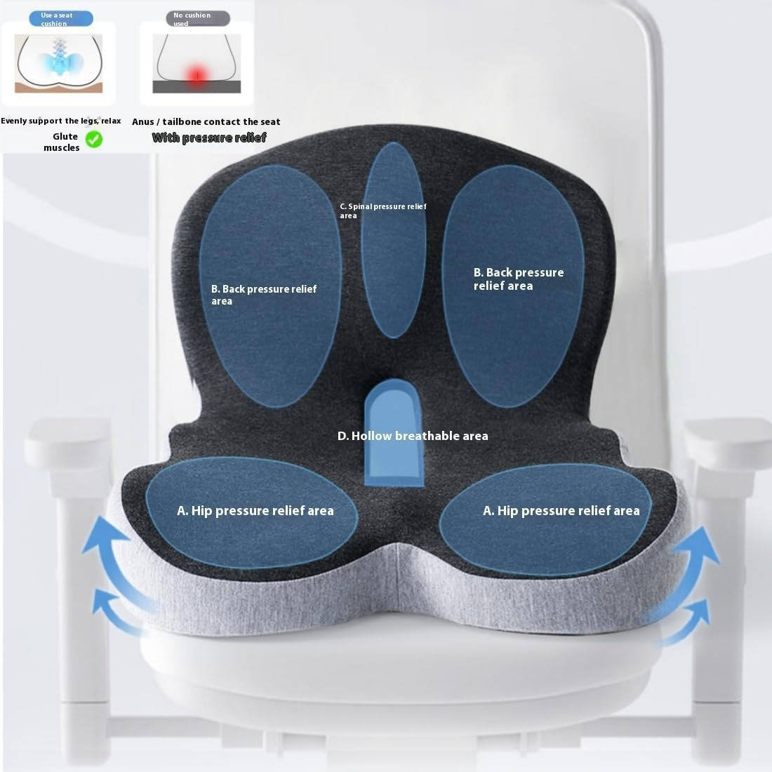 Ergonomic Memory Foam Seat Cushion Contoured Support, Car and Office Chair