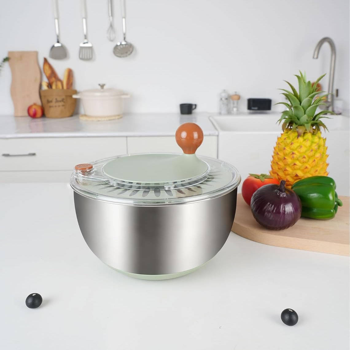 Stainless Steel Salad Spinner with Drain Spout and Non Slip Base Lid